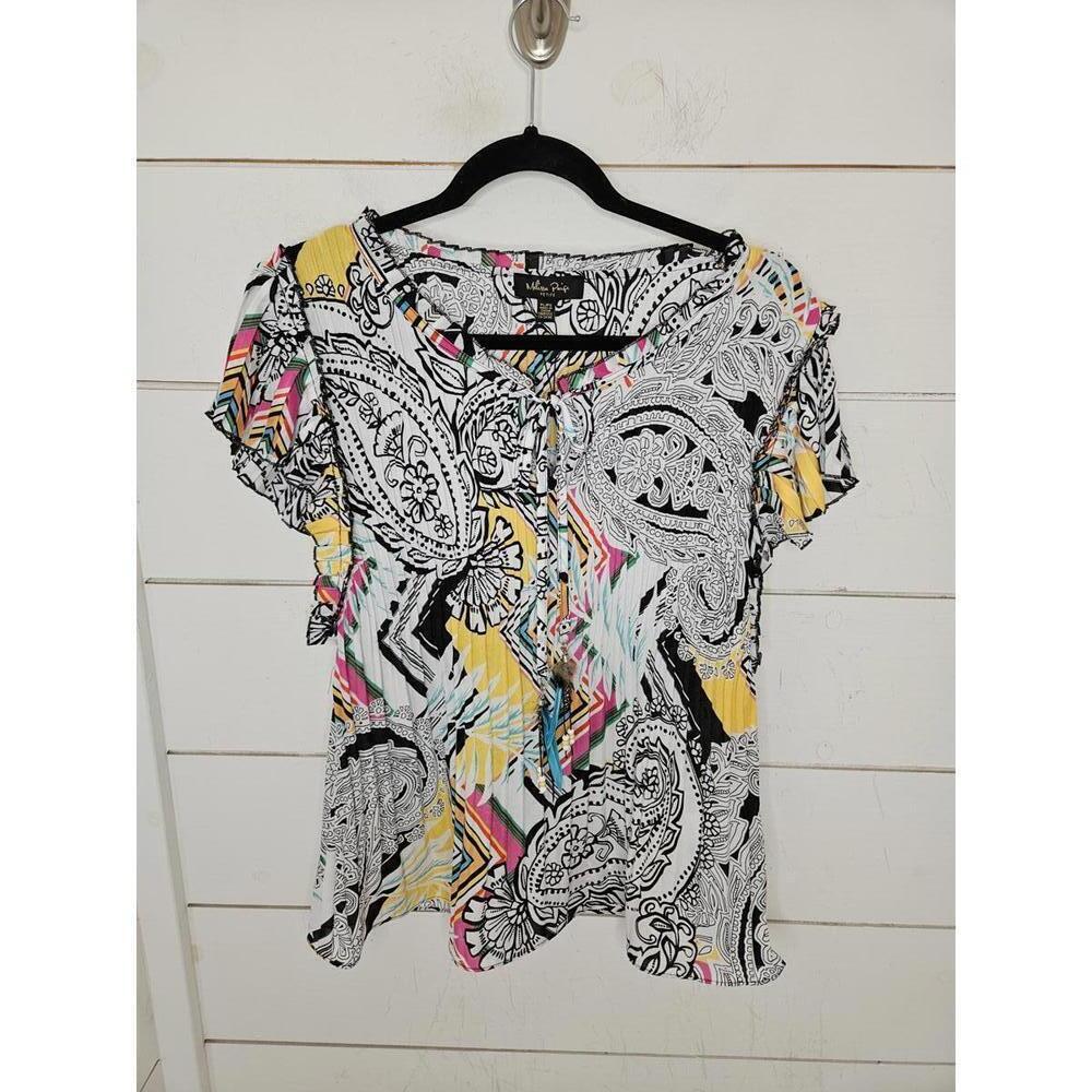 NWT Melissa Paige Petite Large black white & yellow printed crinkled blouse